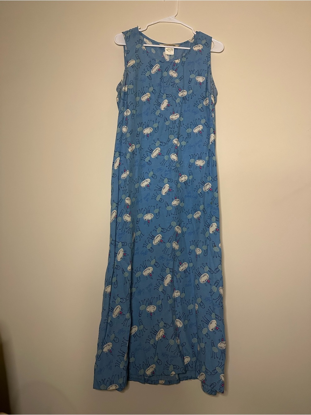 Vintage Blue Sleeveless Maxi Dress with Playful Print
